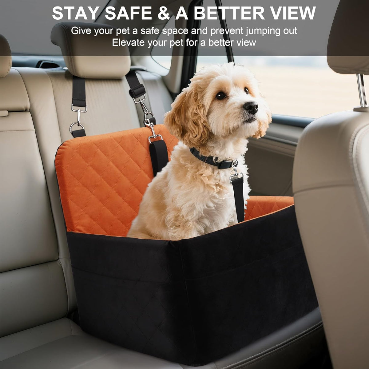 Dog Car Seat for Small/Medium Dogs,Pet Dog Booster Car Seat Puppy 15-35 lbs with Soft 4+2in Detachable Pads Detachable Elevated Cushion and Washable Cover Brown