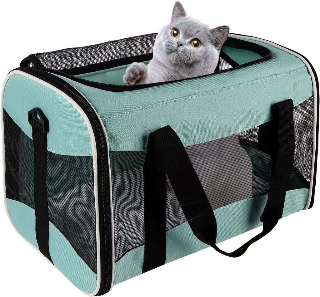Cat Carrying Case Pet Dog Carrier Soft-Sided Cat Bag Airline Approved, Pet Travel Carrier Up to 15 Lbs, Collapsible Cats Carrier Dog Carrier for Medium Small Cats Dogs(17x11x11 Green)